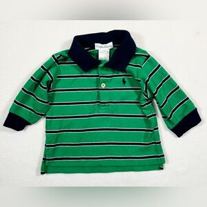 RALPH LAUREN Baby 100% Cotton Green Navy Striped Rugby Polo Shirt Preppy Size 6M